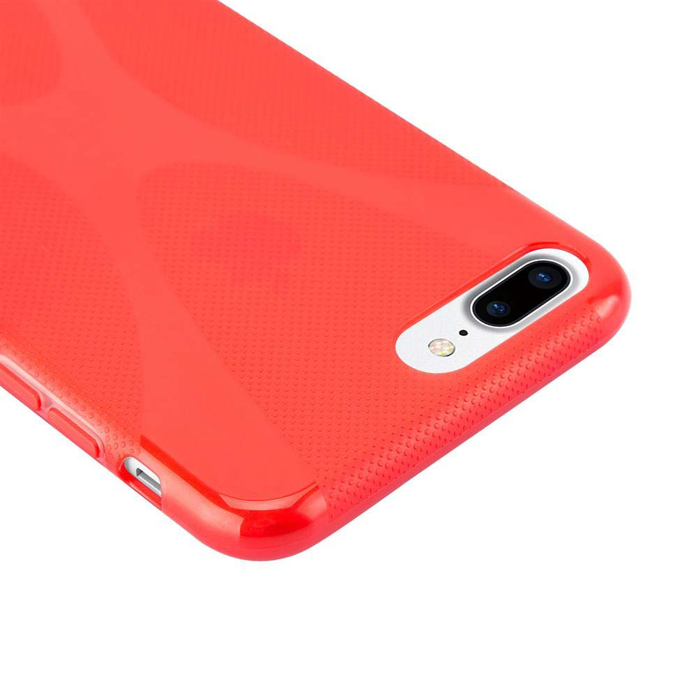 Una funda roja para teléfono. Tiene abertura para cámara y superficie texturizada. Fondo blanco.