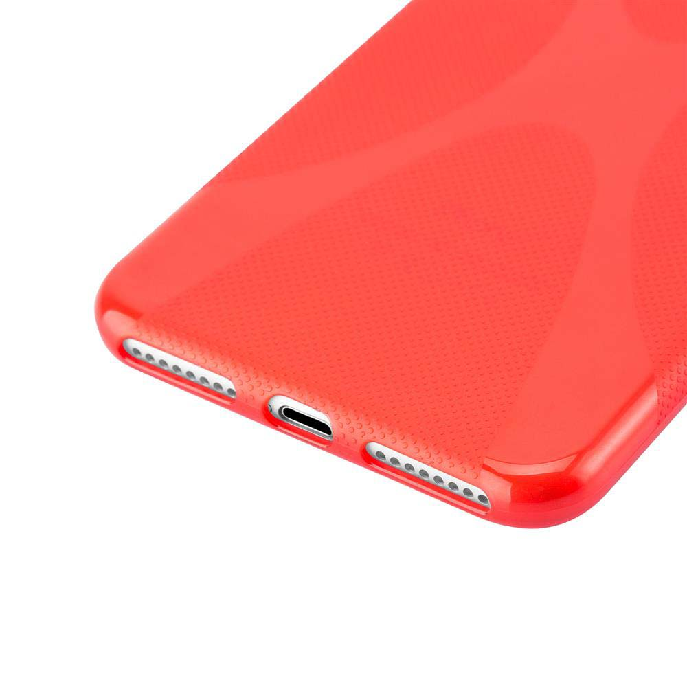 Funda de teléfono roja, vista inferior, con aberturas para puertos y altavoces.
