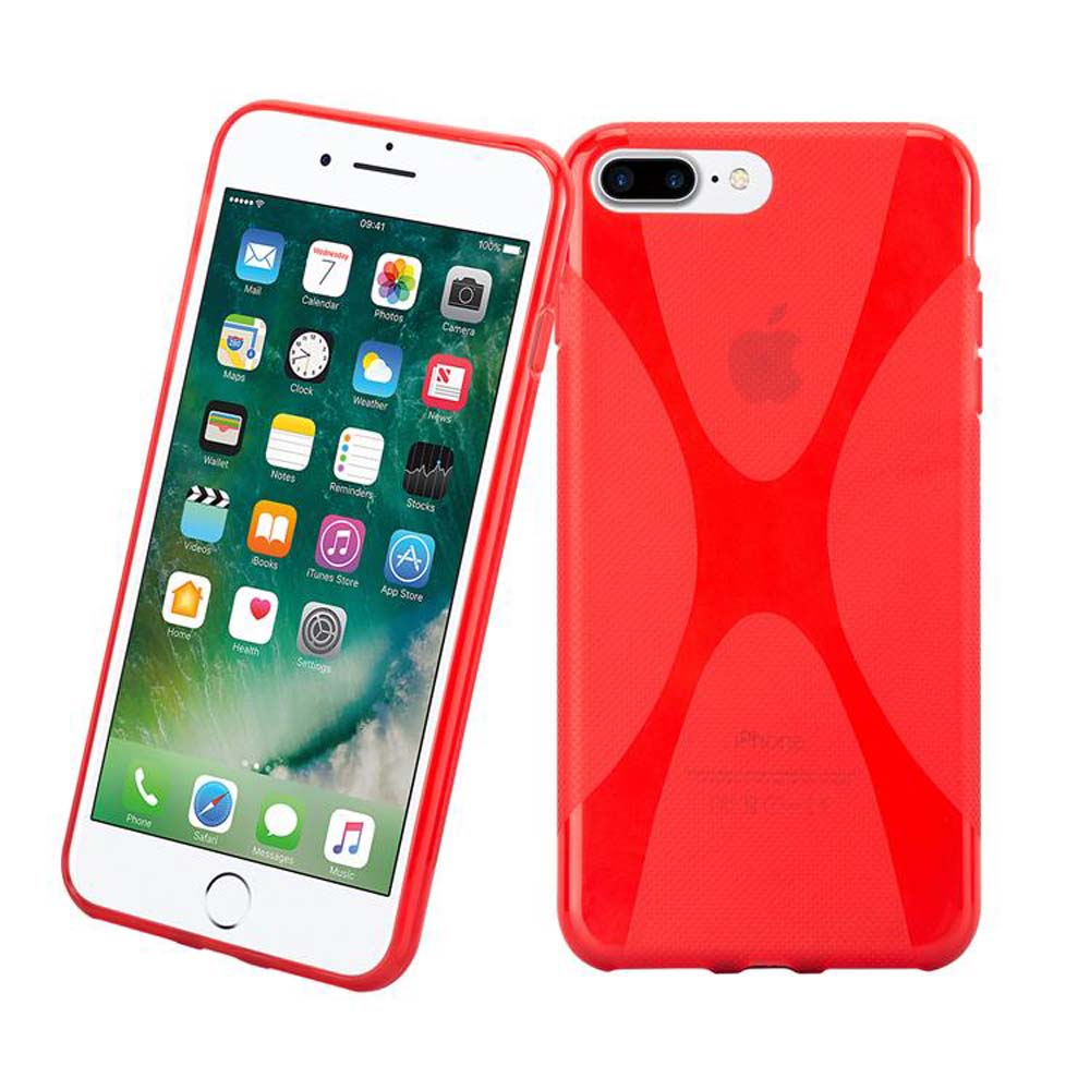iPhone 7 rojo en una funda roja. La pantalla muestra iconos de aplicaciones. Fondo blanco.