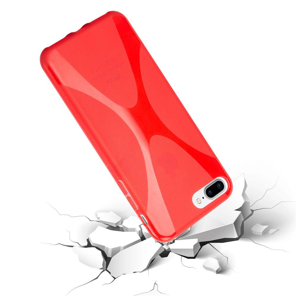Funda de teléfono roja con un teléfono dentro. Fondo blanco.