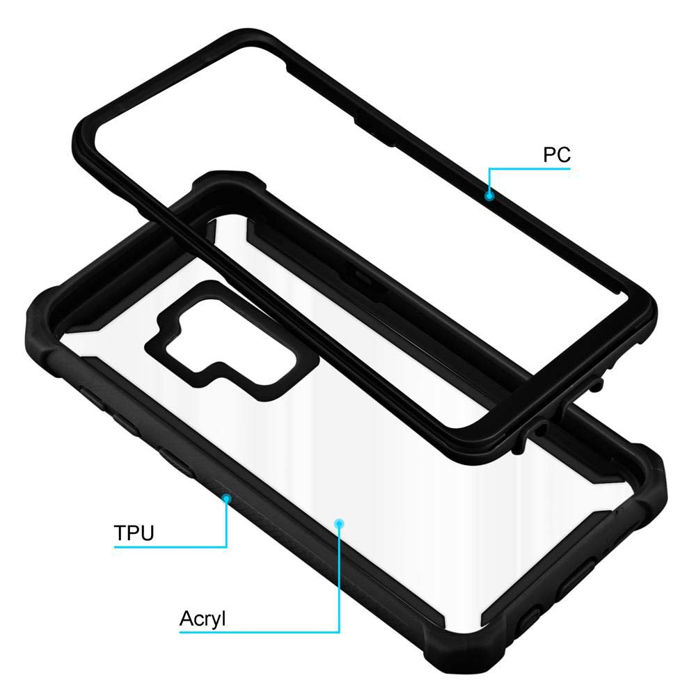 Klare Handyhülle mit Teilen beschriftet: PC, TPU, Acryl. Schwarzer Rahmen, transparente Abdeckung.