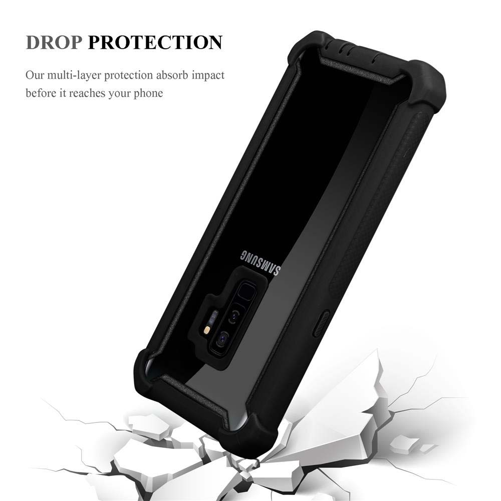 Schwarze Handyhülle mit einem Telefon. Die Hülle befindet sich über weißem, zerbrochenem Beton. Text sagt Sturzschutz.