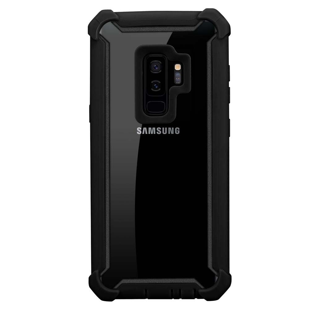 Eine schwarze Handyhülle mit durchsichtigem Rücken, schützt ein schwarzes Telefon, Kameramodul sichtbar.