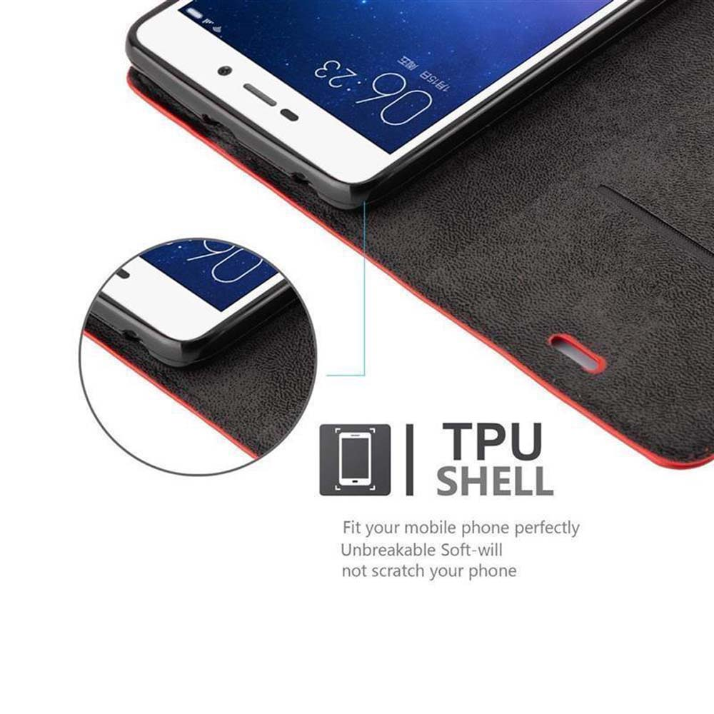 Cellulare in una custodia, che mostra lo schermo. La custodia è nera e ha una linea rossa.