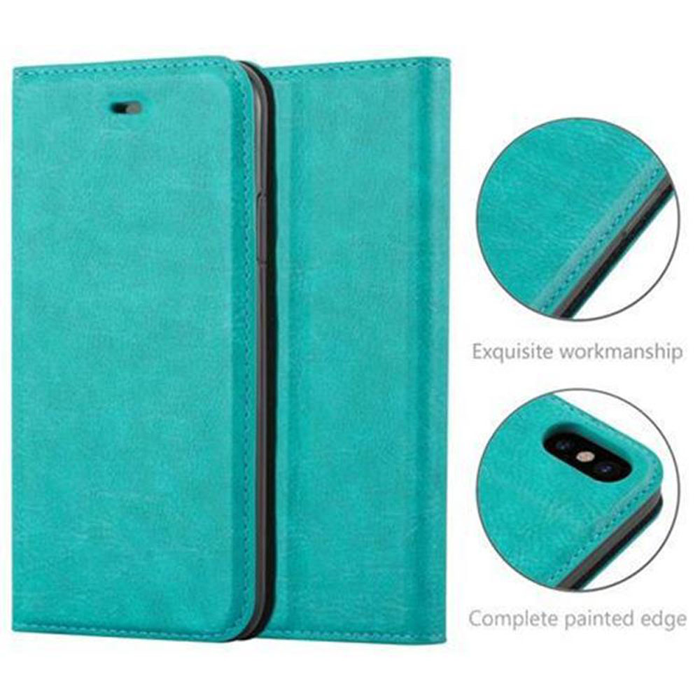 Custodia per telefono in pelle verde acqua, aperta, dettagli delle cuciture.