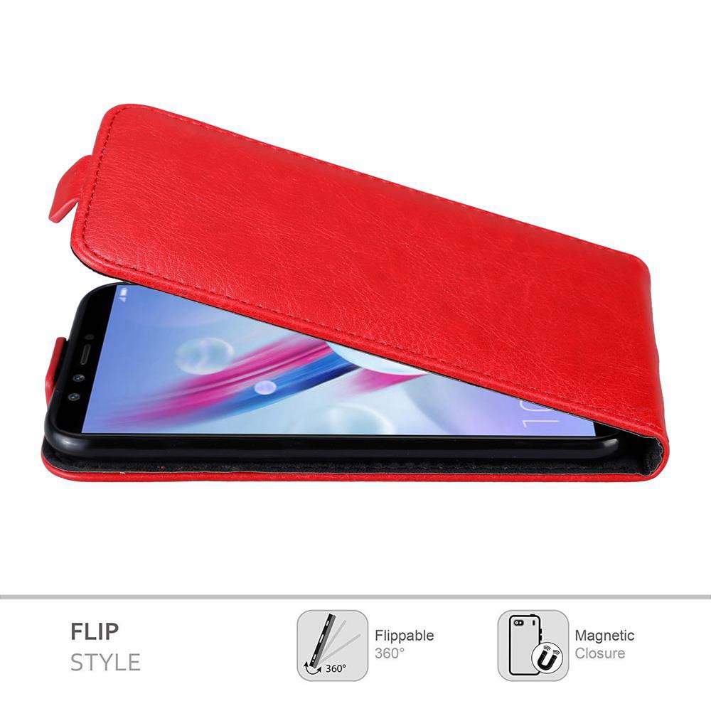 Custodia rossa per telefono con design a flip, aperta. Telefono nero all'interno.