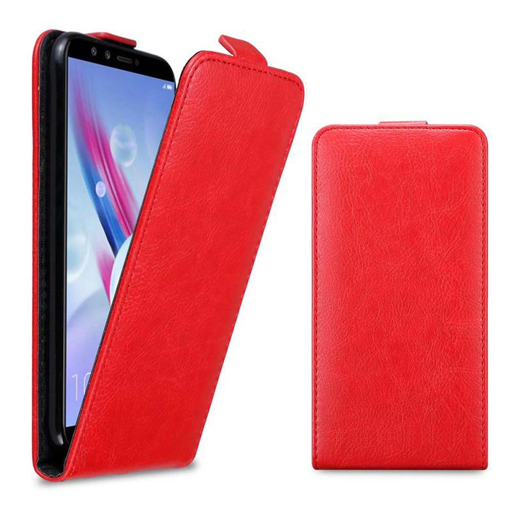 Custodia del telefono rossa, aperta, che mostra il telefono. Custodia chiusa a destra. Sfondo bianco.