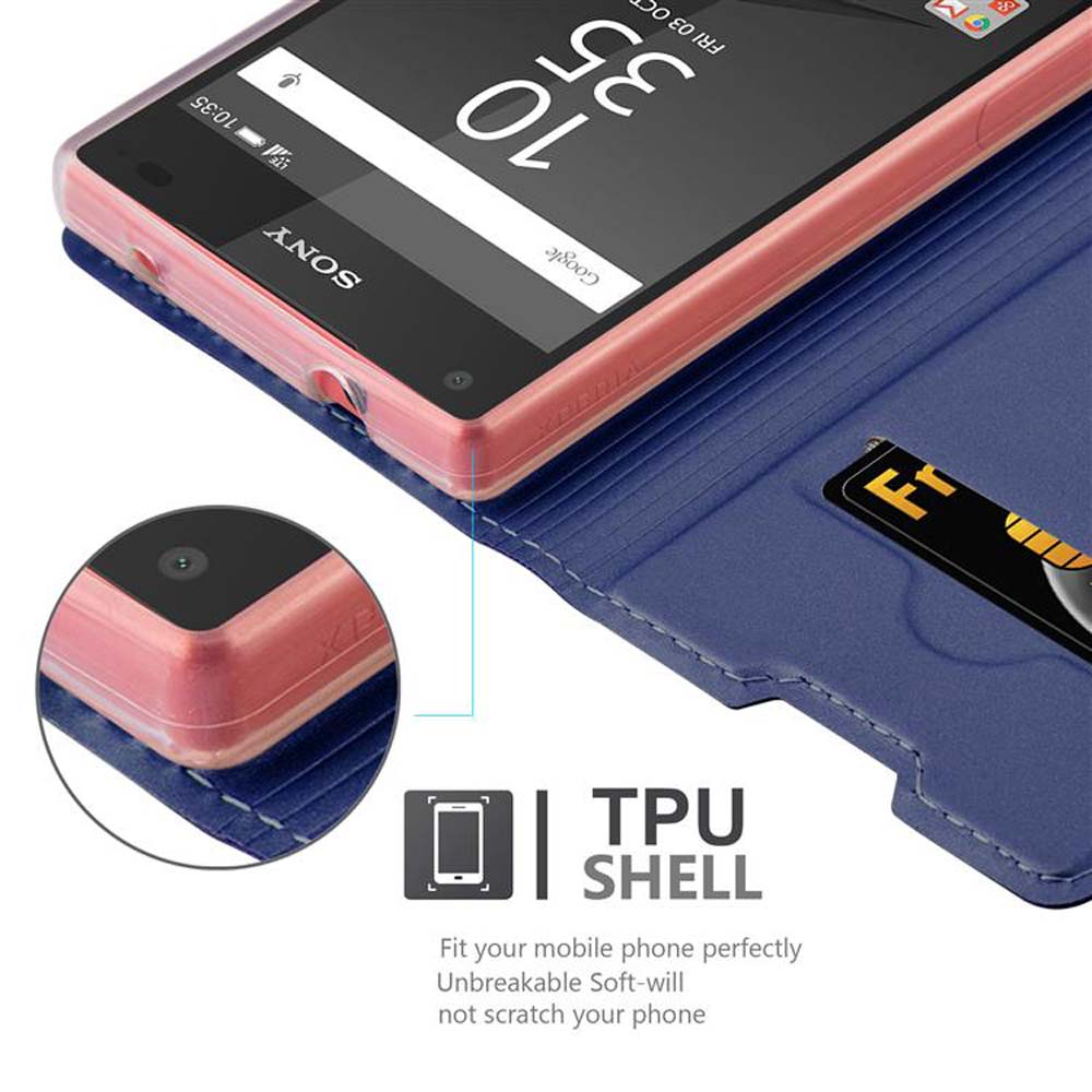 Rosa Telefon in blauem Case mit Kartenfach. Der Telefonbildschirm ist sichtbar.