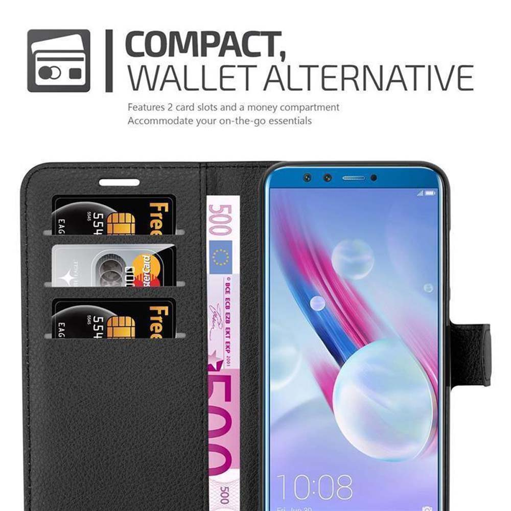 Custodia per telefono nera con slot per carte e scomparto per soldi, con un telefono che mostra l'ora.