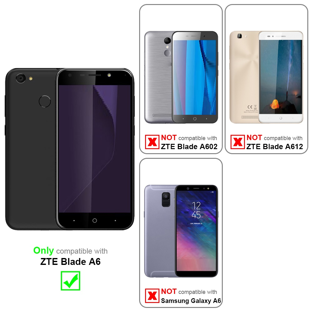 Drei Telefone mit Vergleichsbezeichnungen, nur eines ist mit dem Modell ZTE Blade A6 kompatibel.