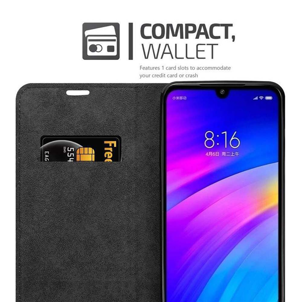 Custodia per telefono nera con slot per carte, che tiene un telefono con schermo colorato. Testo: Portafoglio Compatto.