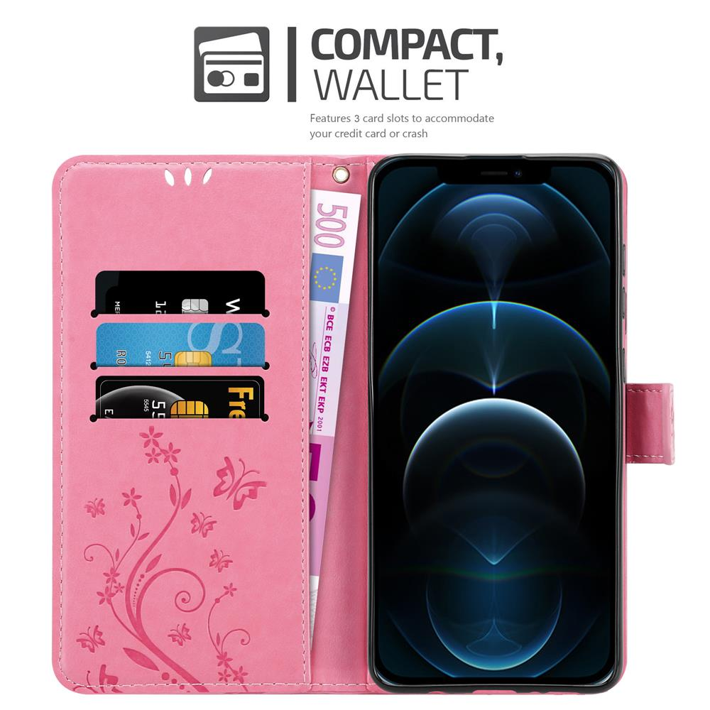 Portafoglio rosa aperto, con carte e soldi visibili. Telefono all'interno.