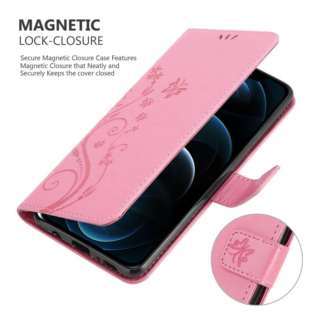 Custodia rosa per telefono con design floreale aperta, che rivela un telefono. Testo MAGNETIC LOCK-CLOSURE.