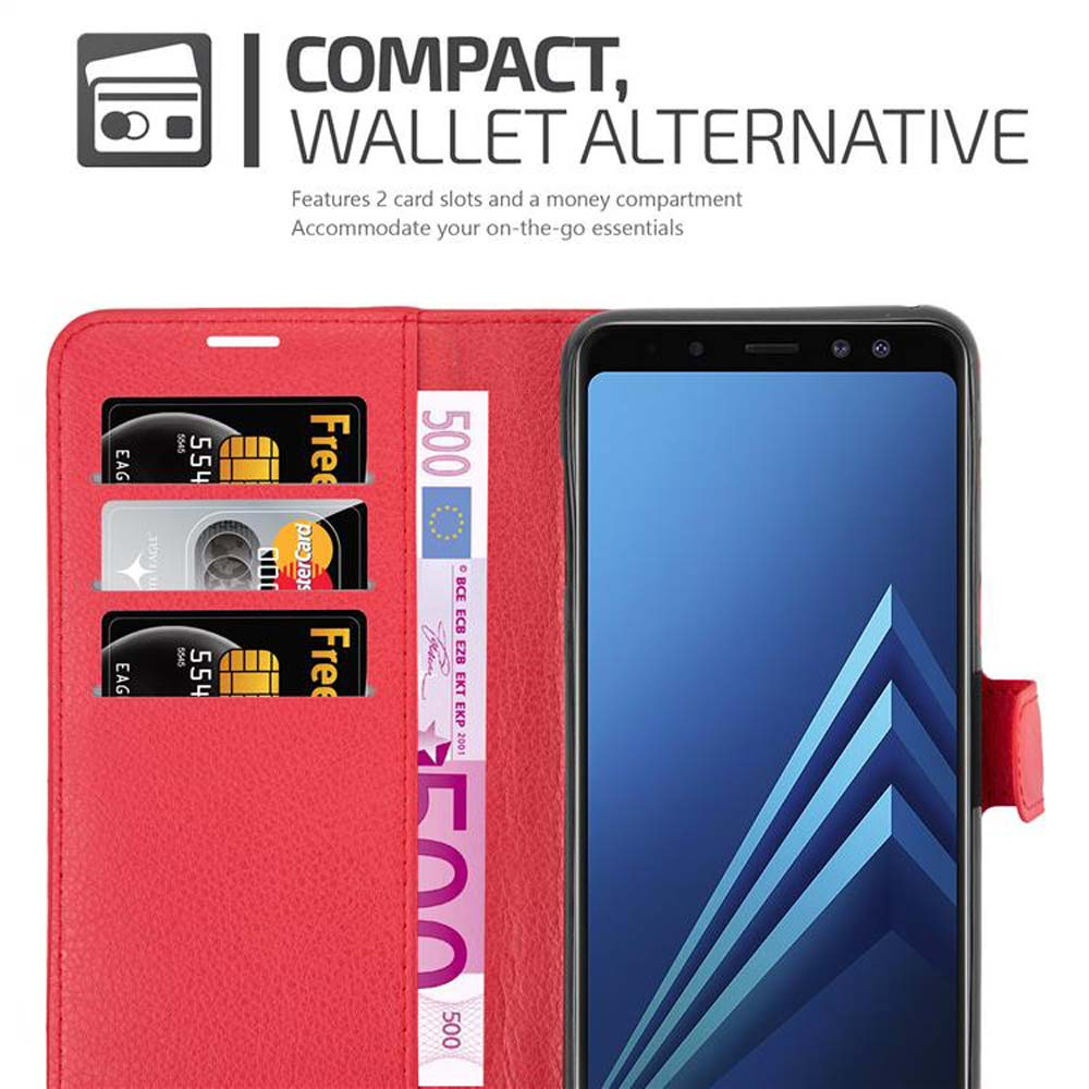 Custodia telefono rossa aperta, mostra telefono e fessure per carte. Carte e denaro visibili all'interno.