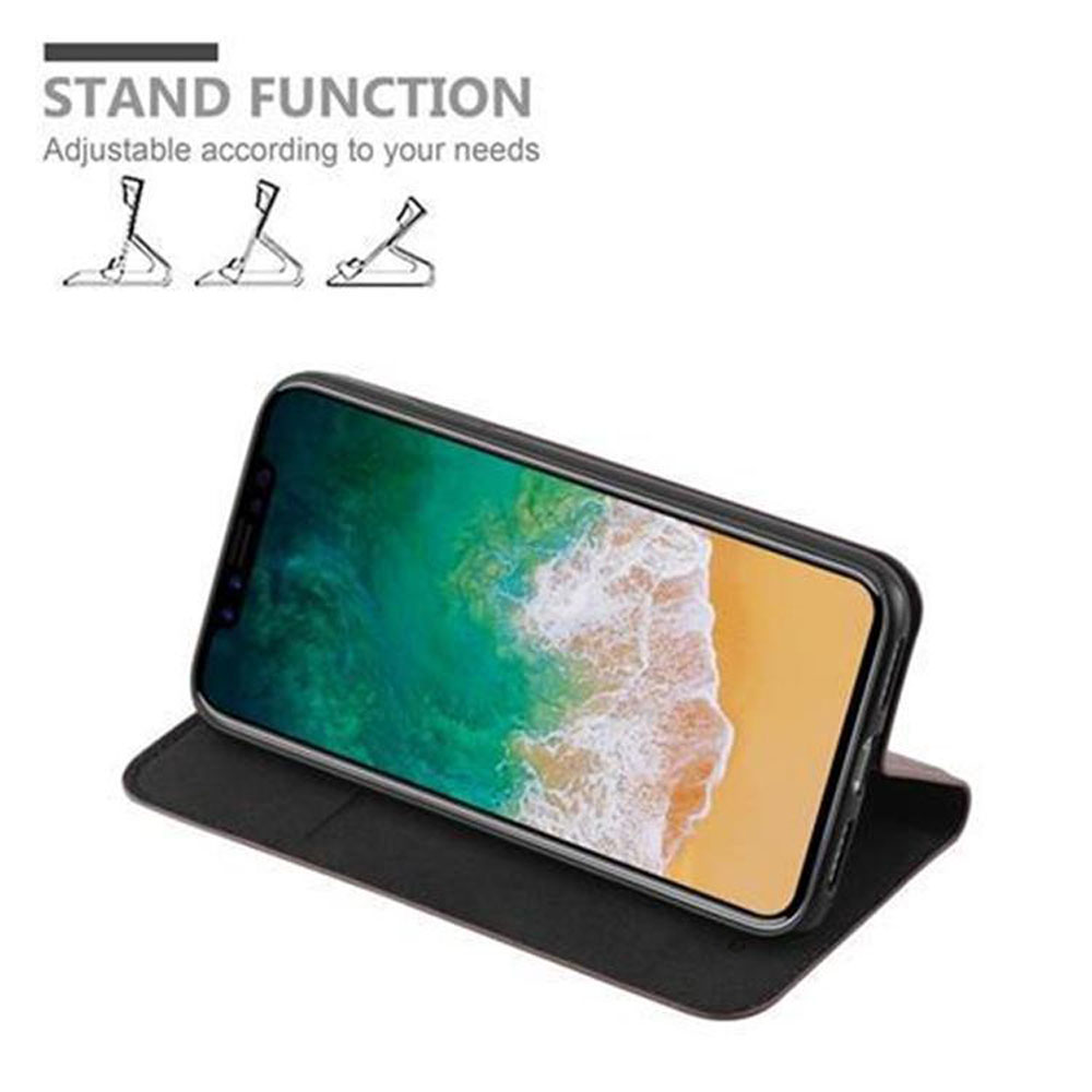 Un telefono è in una custodia, aperto per rivelare lo schermo. Il grafico della funzione stand è sopra. Il telefono è su sfondo bianco.