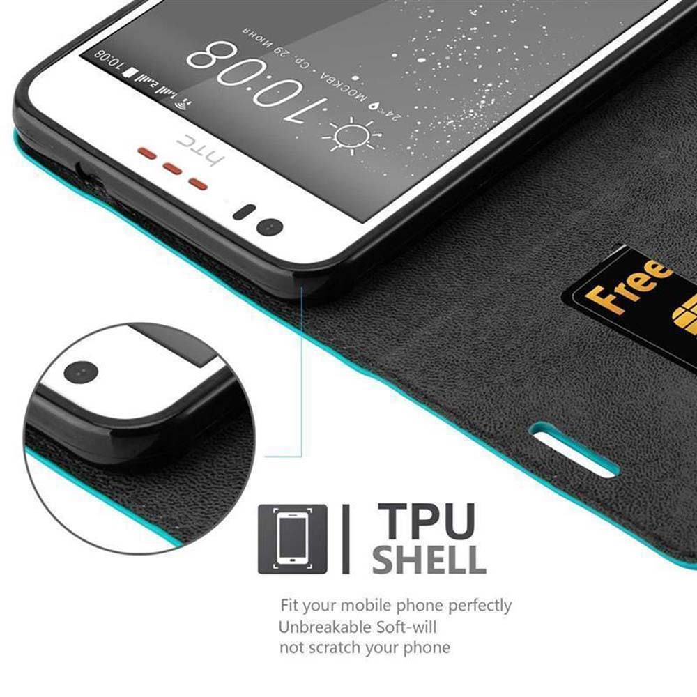 Telefono HTC in una custodia nera. Mostra l'ora e la data sullo schermo.