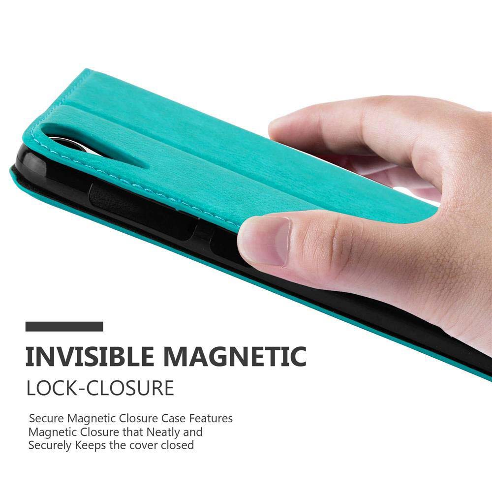 Una custodia per telefono verde acqua con una mano che la tiene. Il testo dice chiusura magnetica invisibile.