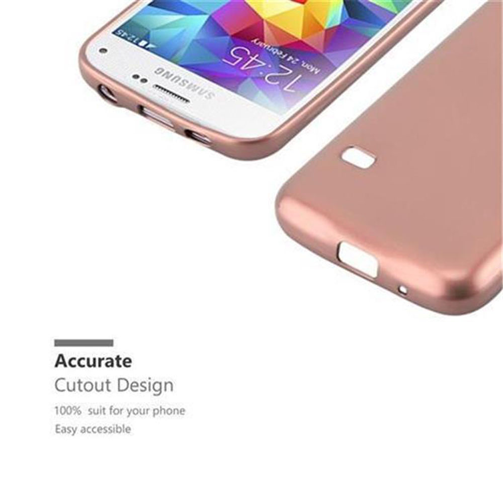 Roségoldenes Telefon mit Hülle und separater Hülle. Das Telefon ist mit Samsung markiert.