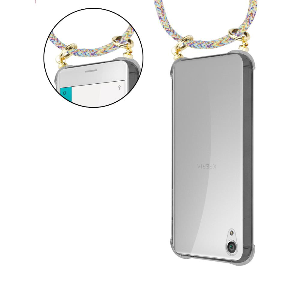 Zwei Bilder eines Telefons mit einer Lanyard-Hülle, eines zeigt die Rückseite, eines den Bildschirm mit einer App.