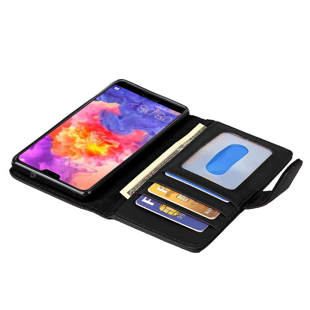 Custodia per telefono nera con telefono all'interno. Il telefono mostra uno schermo. Slot per schede e banconota visibili. Sfondo nero.