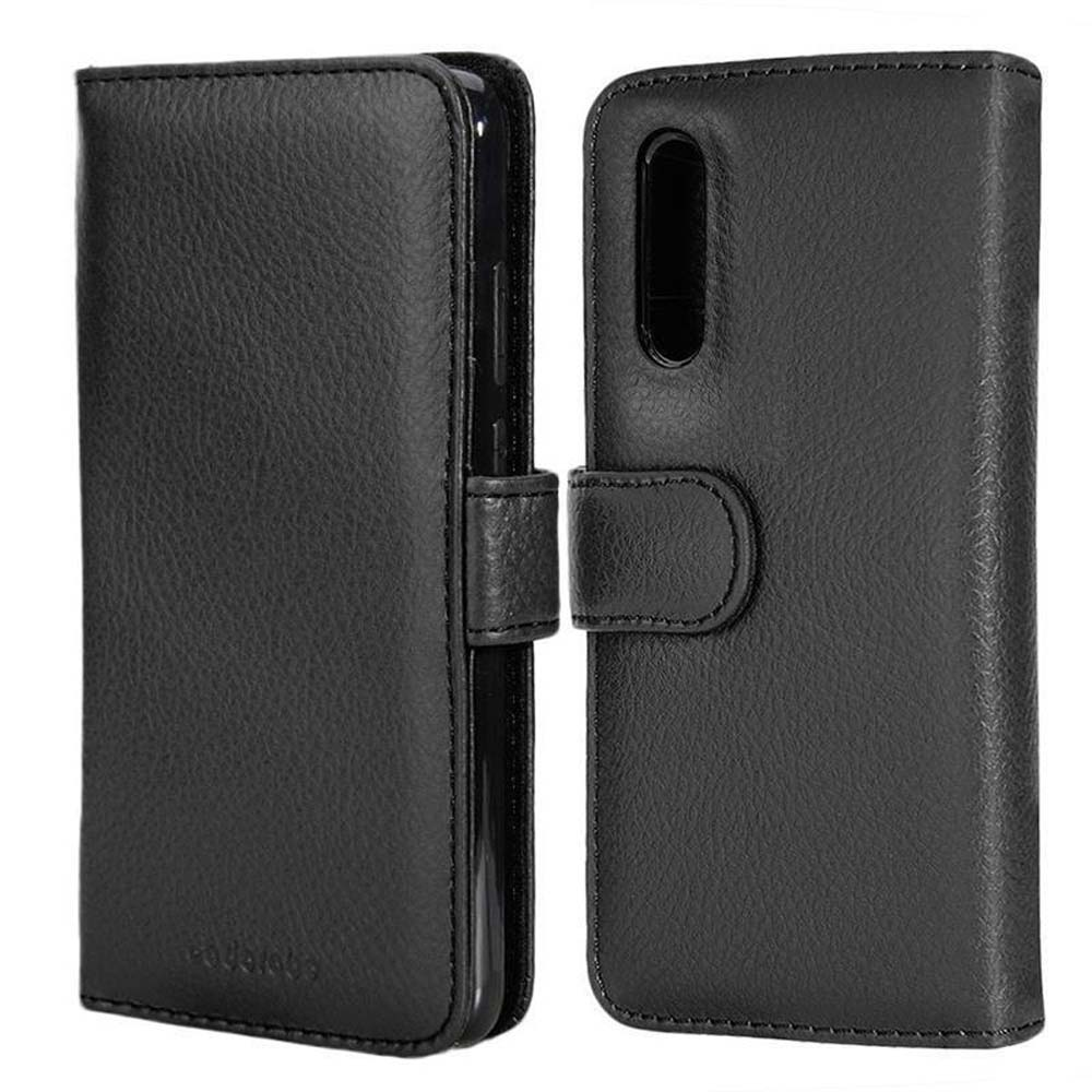 Custodia per telefono nera aperta, che mostra l'interno e una chiusura per chiuderla. Materiale in pelle.