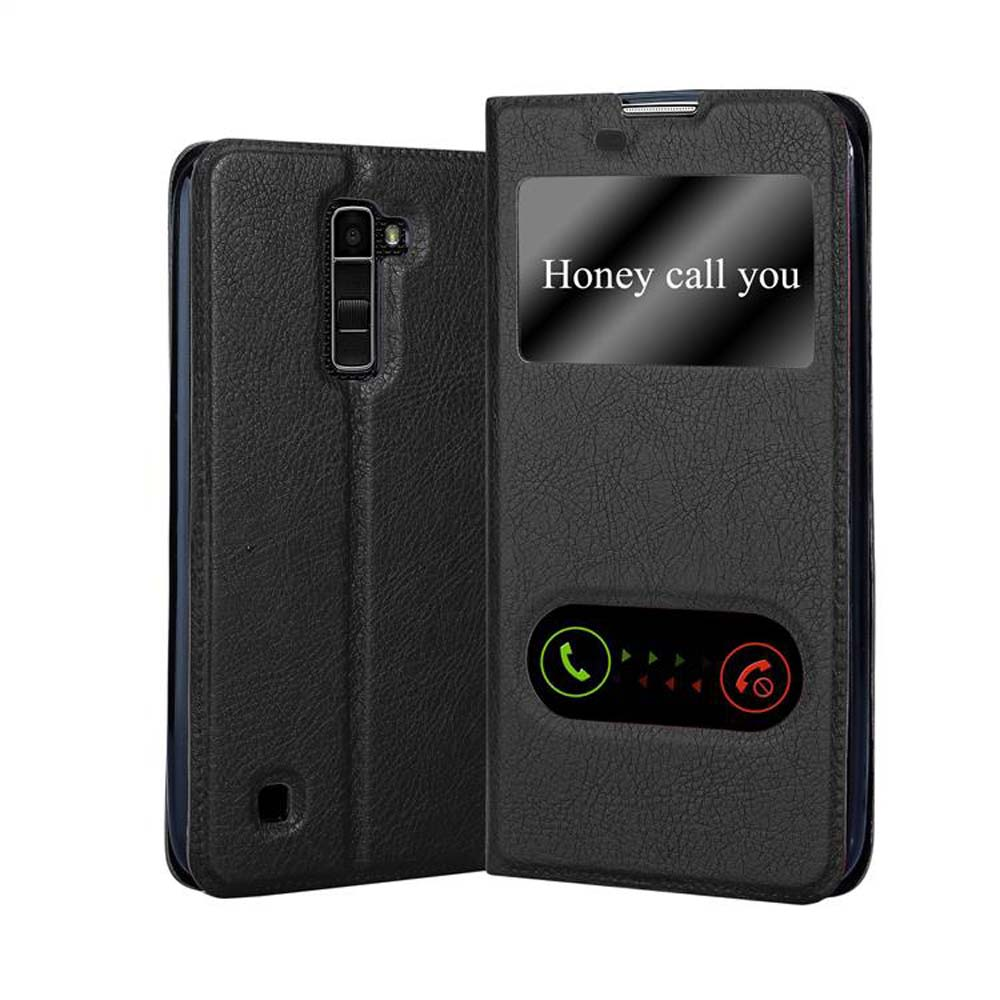 Una funda de teléfono negra con una ventana que muestra una pantalla de teléfono con las palabras 'Honey call you'.