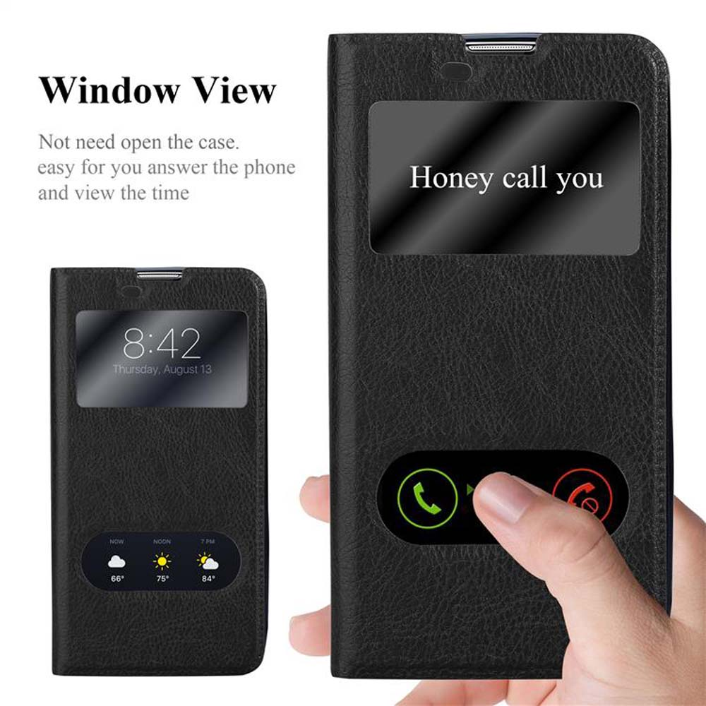 Funda negra con ventana, mostrando la hora y una llamada telefónica.