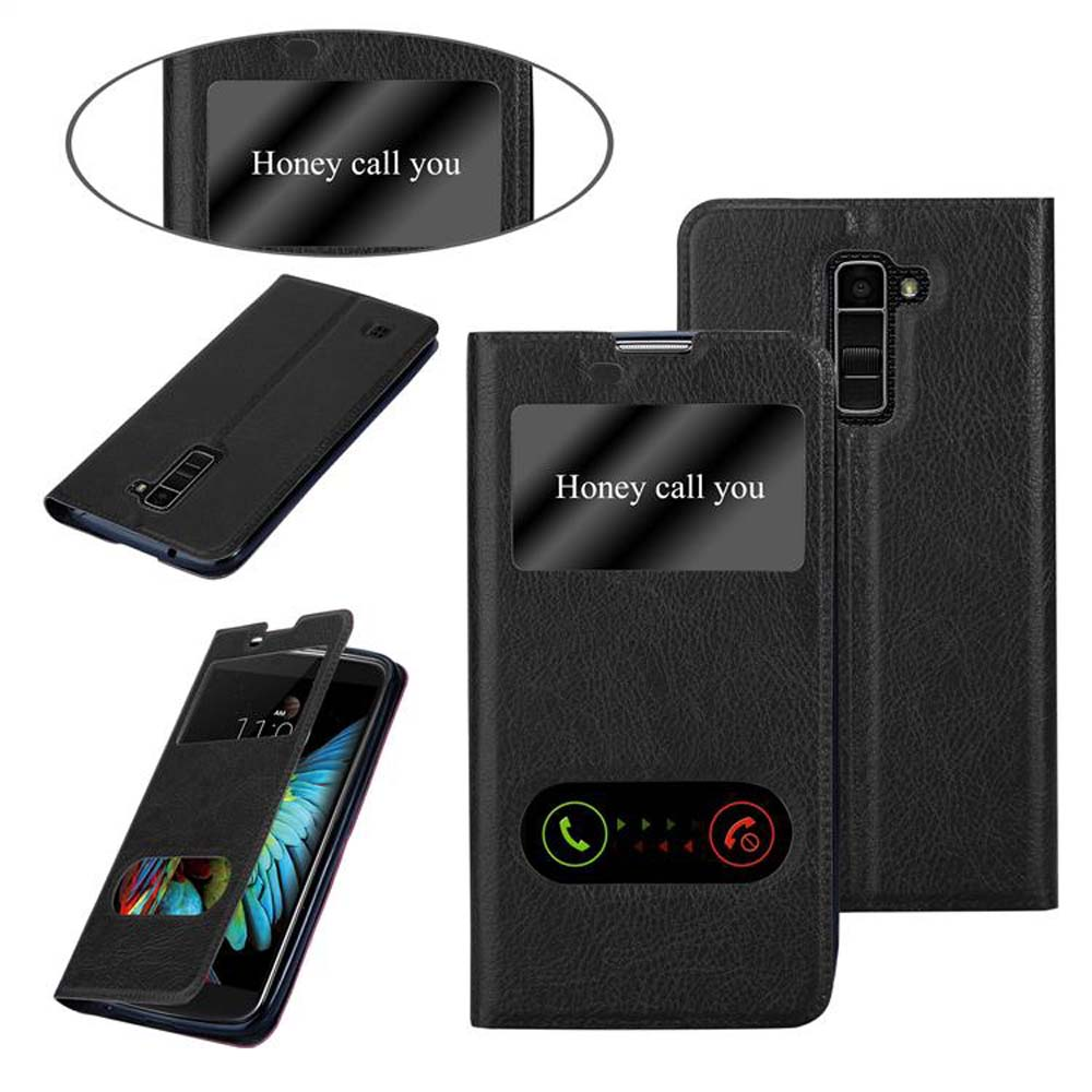 Funda negra para teléfono con ventana y texto. Múltiples vistas de la funda.