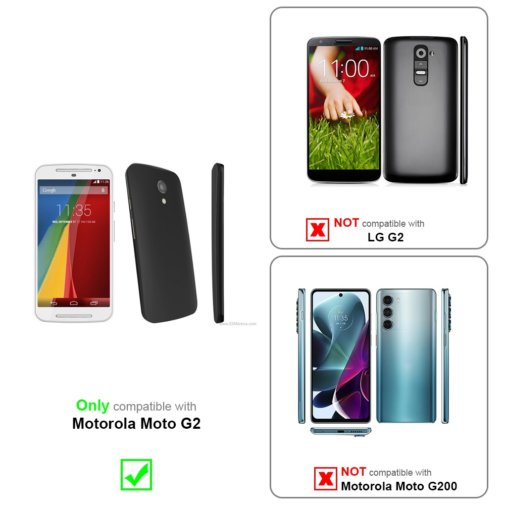 Imagen muestra un teléfono, funda negra y detalles de compatibilidad. No compatible con LG G2 o Motorola Moto G200.
