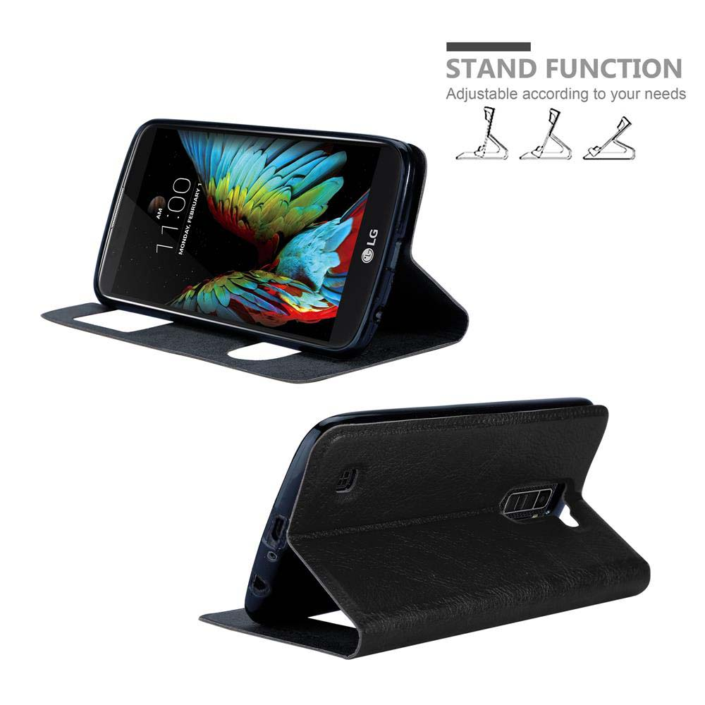 Funda de teléfono negra con teléfono que muestra pantalla. Gráfico de función de soporte. Fondo blanco.