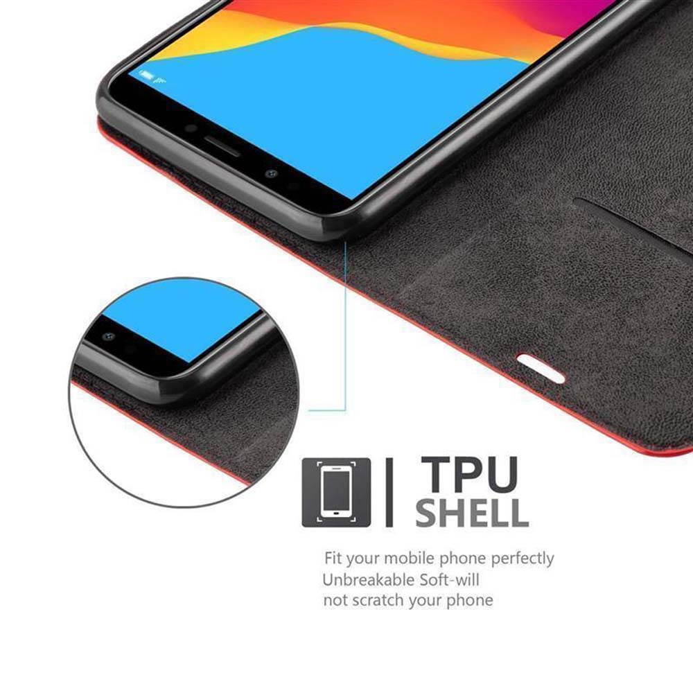 Telefono nero dentro una custodia nera con fodera rossa. La custodia ha un'etichetta 'TPU SHELL'. Sfondo custodia.