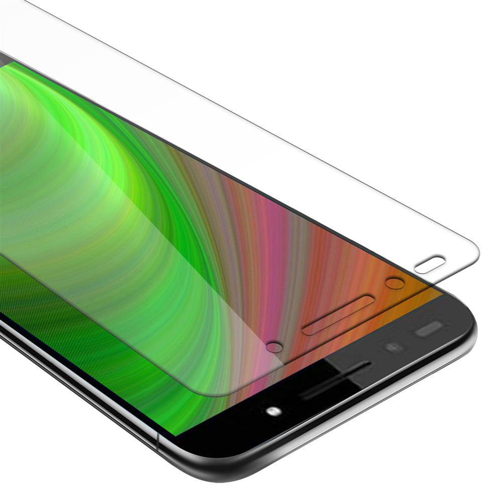 Una protezione schermo trasparente su uno smartphone, con sfondo colorato visibile attraverso lo schermo.