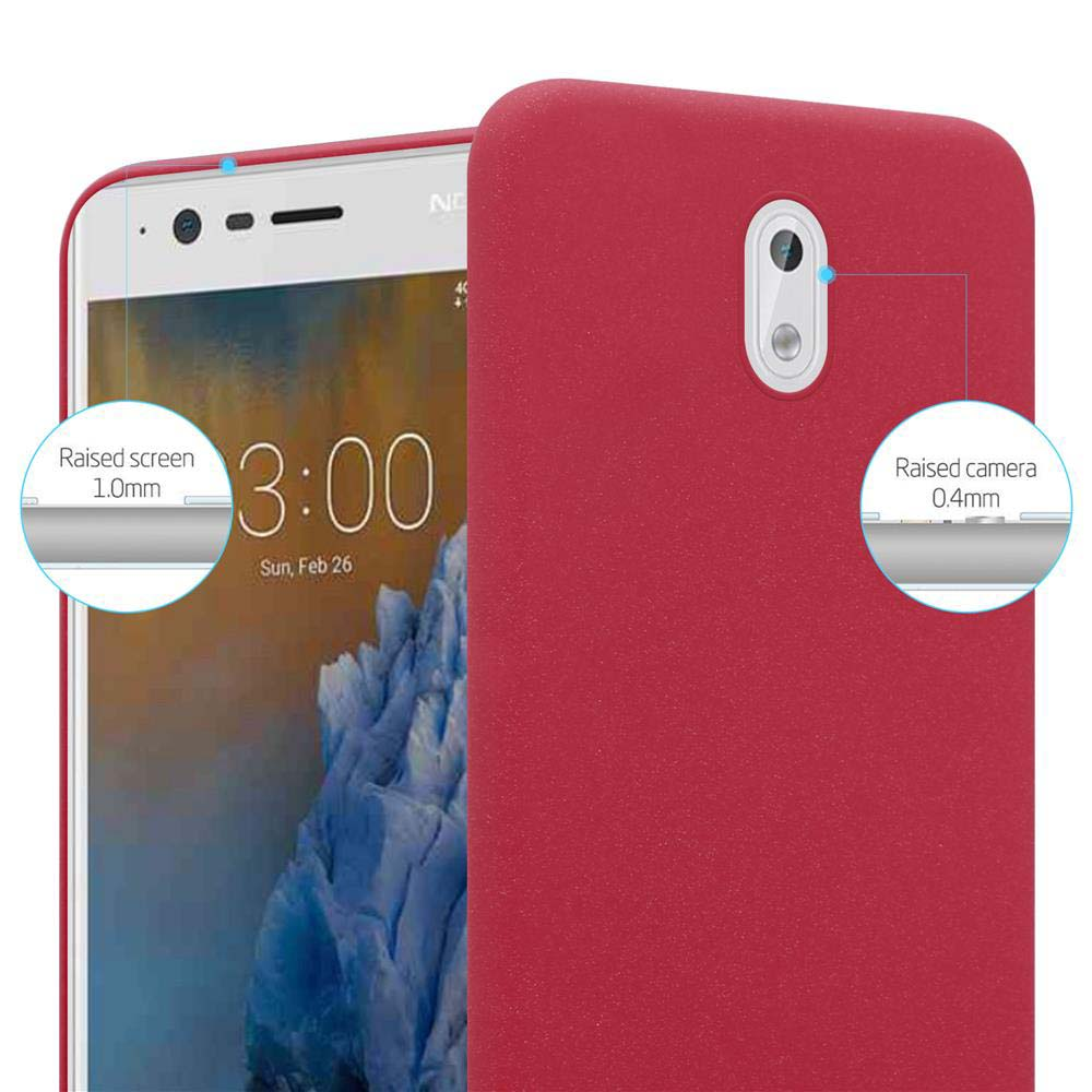 Custodia rossa per telefono con bordi dello schermo e della fotocamera rialzati. Il telefono mostra ora e data.