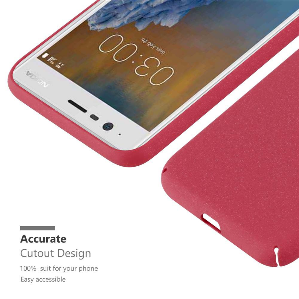 Custodia per telefono rossa accanto a un telefono. Sfondo bianco. Schermo del telefono con ora e data.