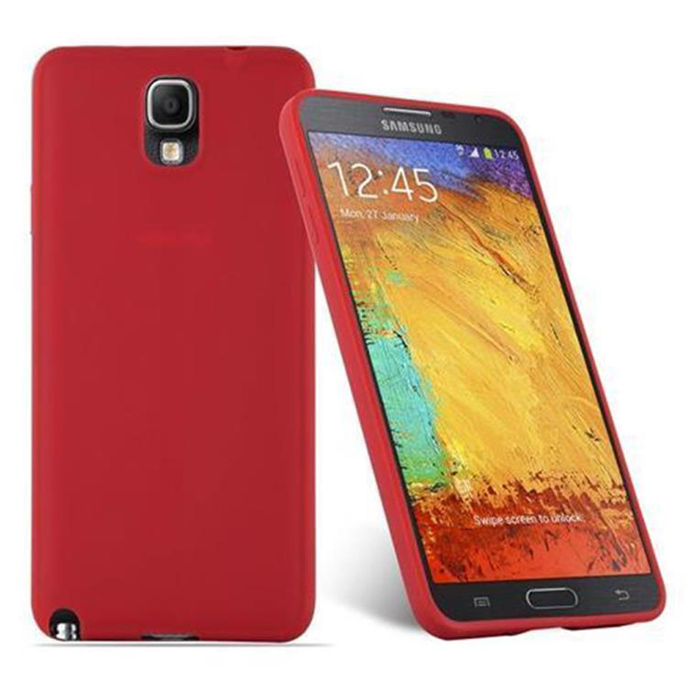 Dos fundas rojas para teléfono con un teléfono, una mostrando la parte trasera y otra la pantalla.