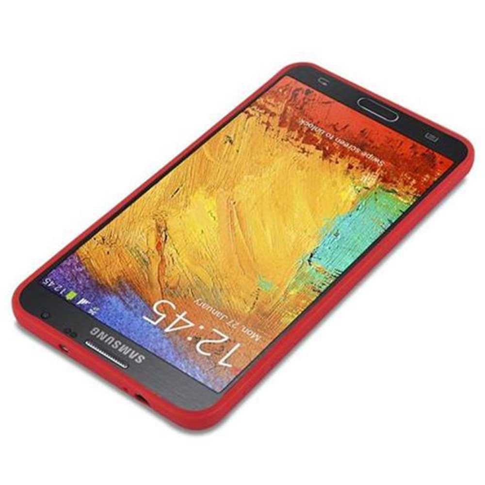 Teléfono Samsung negro en una funda roja. La pantalla muestra la hora 12:45 y la fecha.