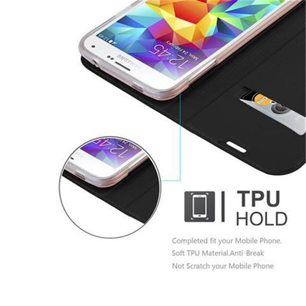 Weißes Telefon in schwarzem Gehäuse, teilweise geöffnet. Text: TPU HOLD. Nahaufnahme des Bildschirms.