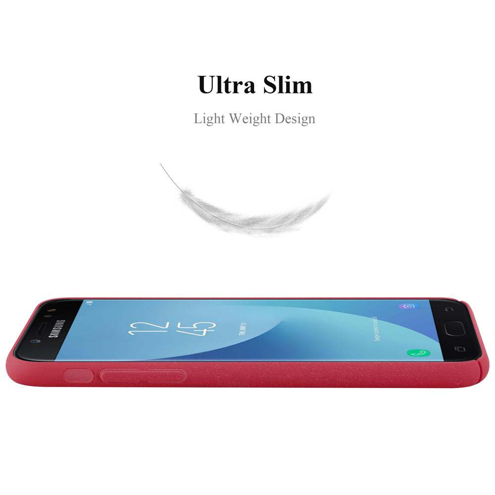 Rote Handyhülle. Der Text Ultra Slim und eine Feder befinden sich über dem Telefon.