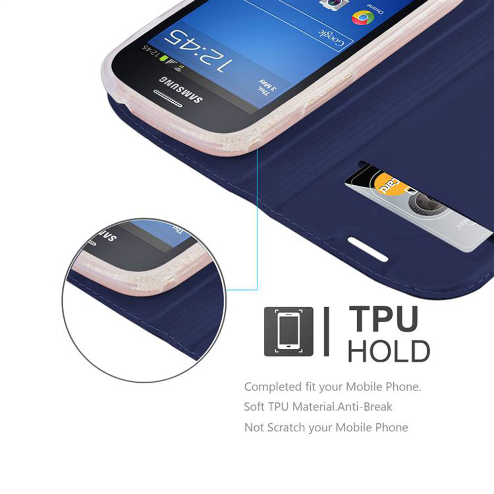 Un telefono con una custodia. La custodia è blu, con uno slot per schede.