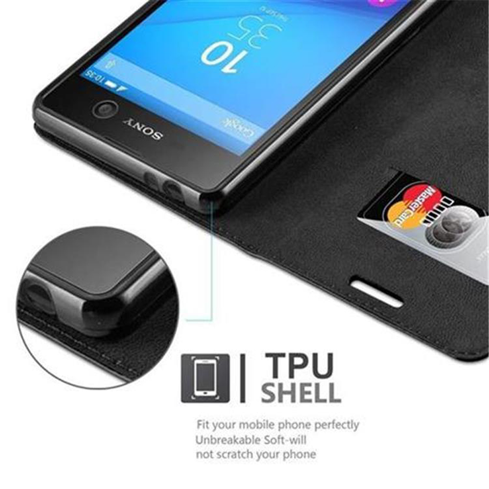 Teléfono Sony en una funda tipo billetera negra con una tarjeta de crédito visible. El teléfono muestra la hora 10:35.