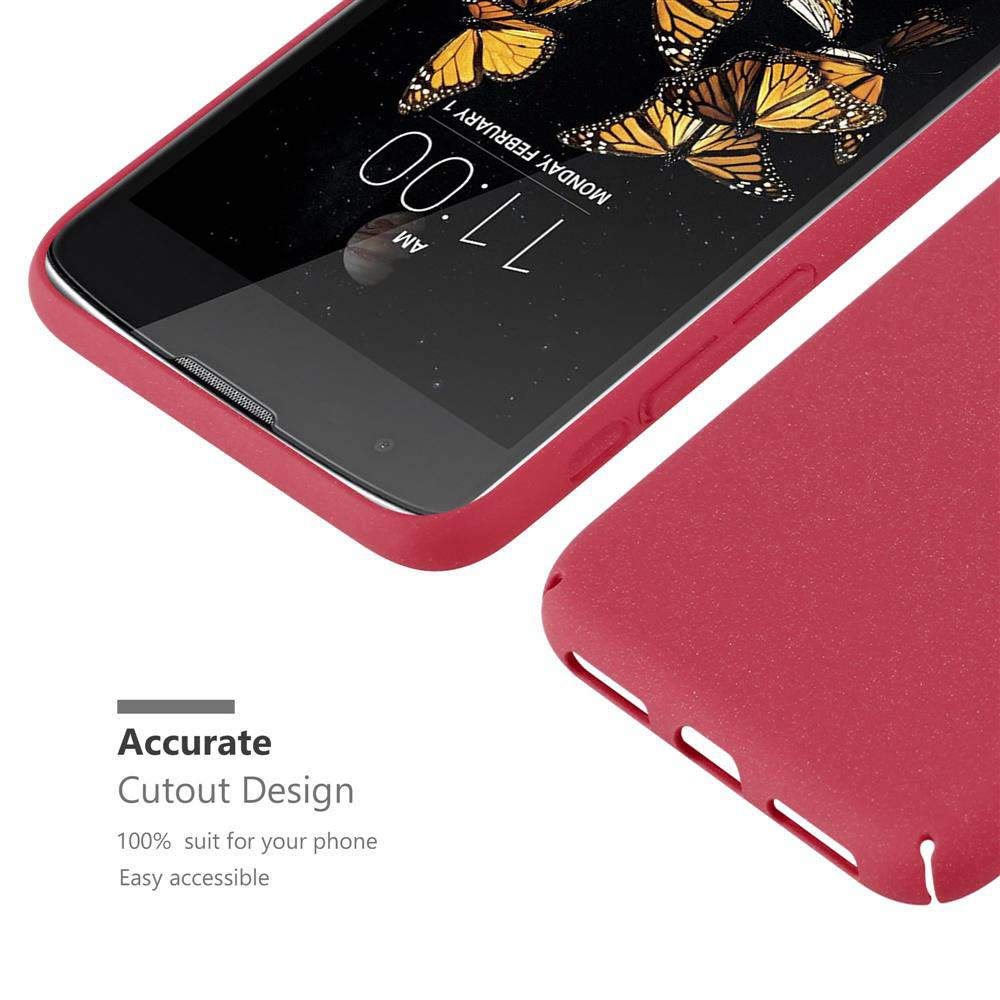 Una custodia rossa con un telefono dentro, che mostra l'ora, con testo 'Accurate Cutout'.