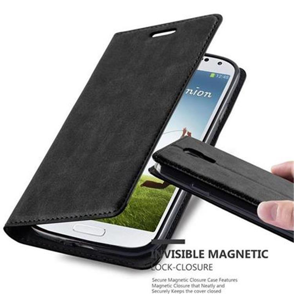 Funda de teléfono negra con el teléfono dentro. La funda está abierta, revelando la pantalla.
