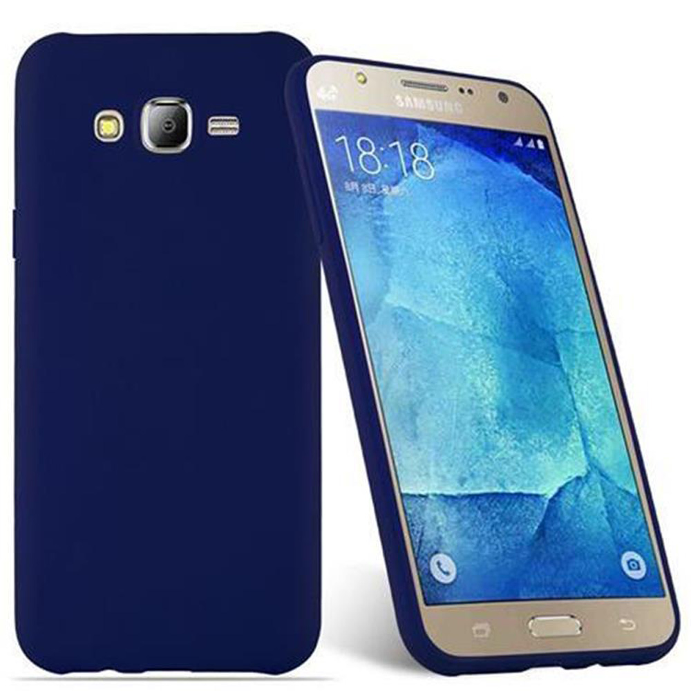 Custodia blu navy su un telefono con cornice dorata, sfondo bianco.