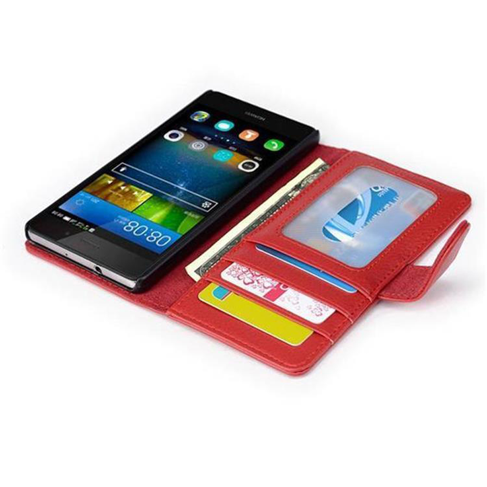 Custodia per telefono rossa aperta, che contiene telefono, contanti e carte, mostrando un design a portafoglio.