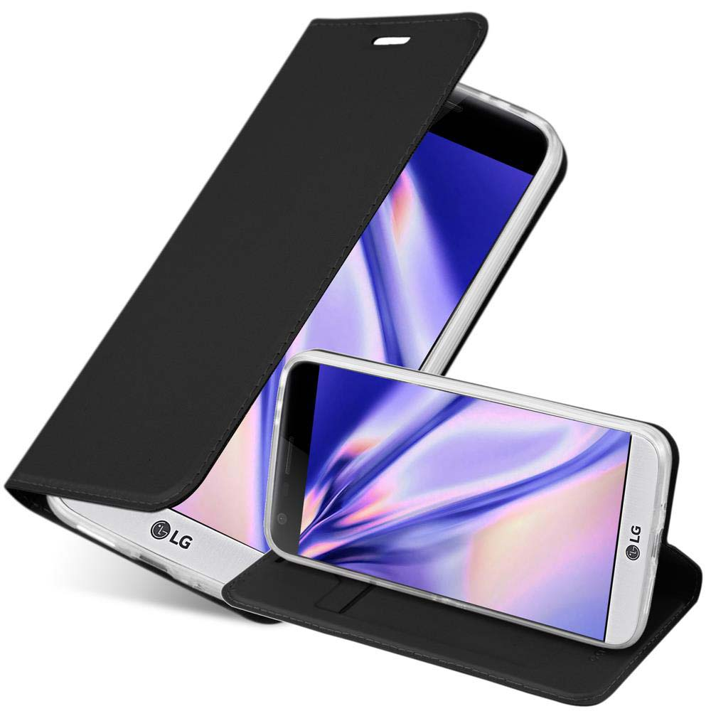 Due telefoni LG in custodia nera, uno aperto. Sfondo bianco.