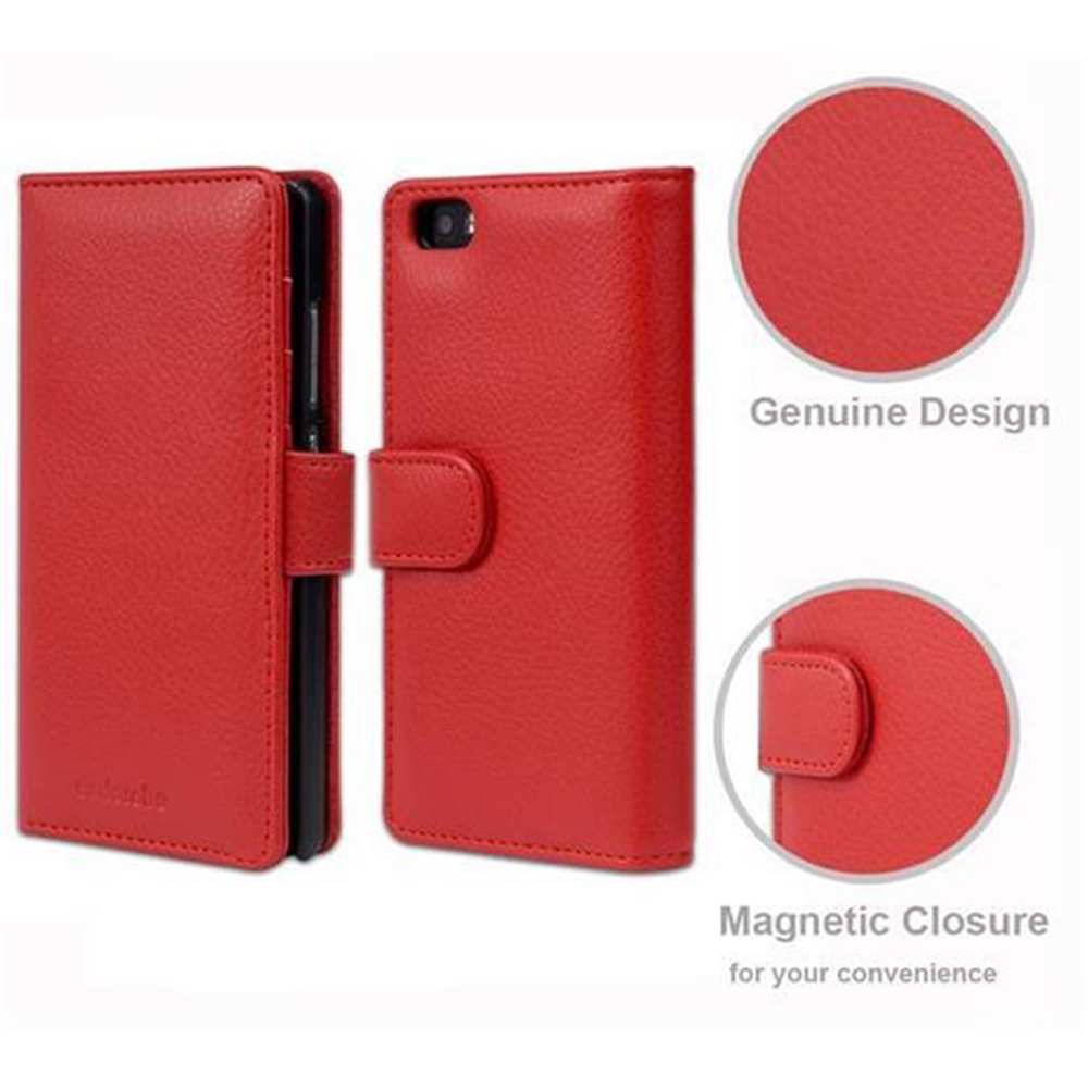 Custodia per telefono rossa, aperta e chiusa, che mostra i dettagli della chiusura magnetica.