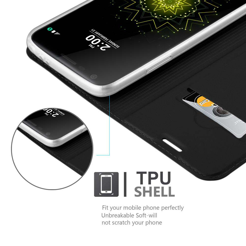 Telefono nella custodia, mostra schermo con ora, una carta e testo TPU shell.