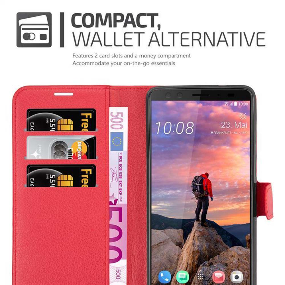 Rote Handyhülle mit Telefon und Karten.