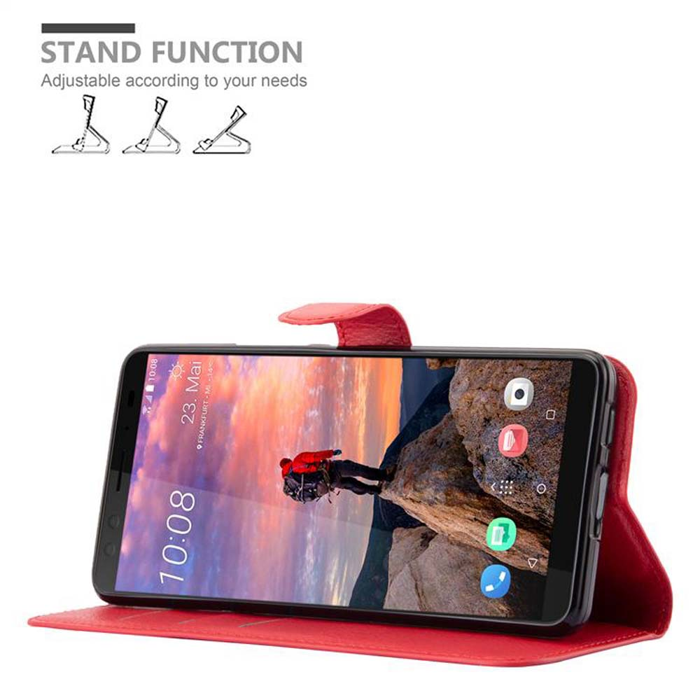Rote Handyhülle mit Handy, offen, zeigt Landschaftsfoto auf dem Bildschirm.