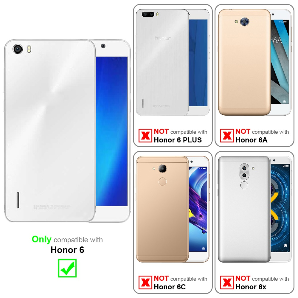 Più telefoni con i loro dorsi esposti. Alcuni sono indicati come incompatibili con l'Honor 6.